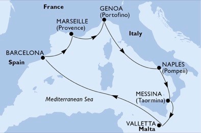 itinerar-Genova-Napulj-Messina-Valletta-Barcelona-Marseille-Genova itinerar-Genova-Napulj-Messina-Valletta-Barcelona-Marseille-Genova